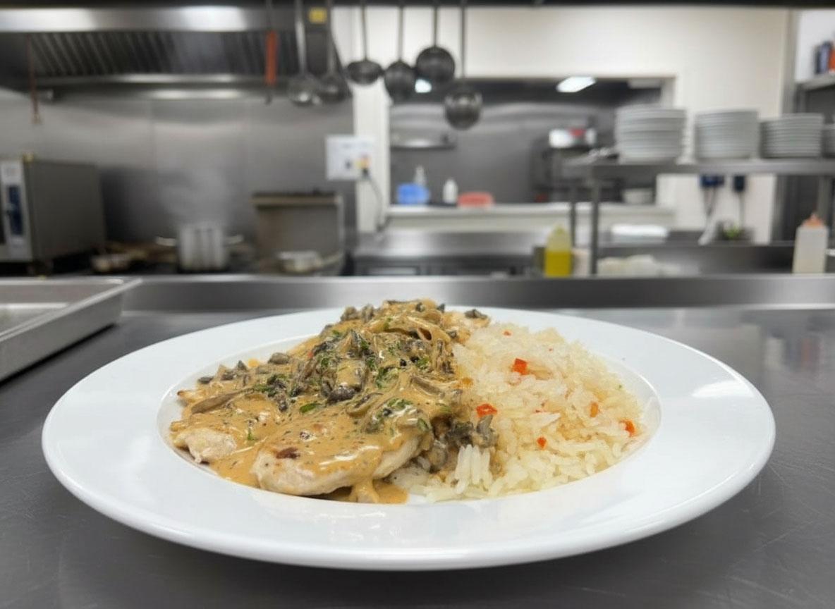 Pollo Marsala con champiñones y arroz blanco